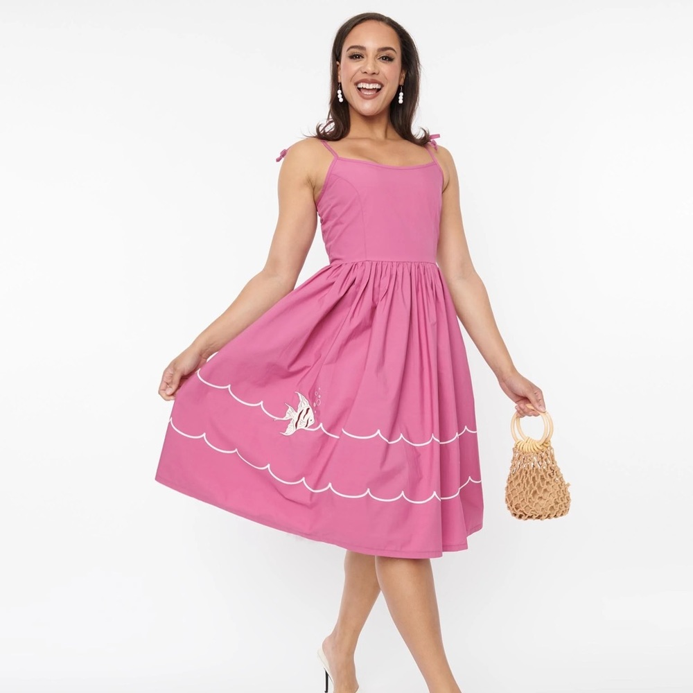 Unique Vintage Pink Summer Retro Fish Embroidered Novelty Dress